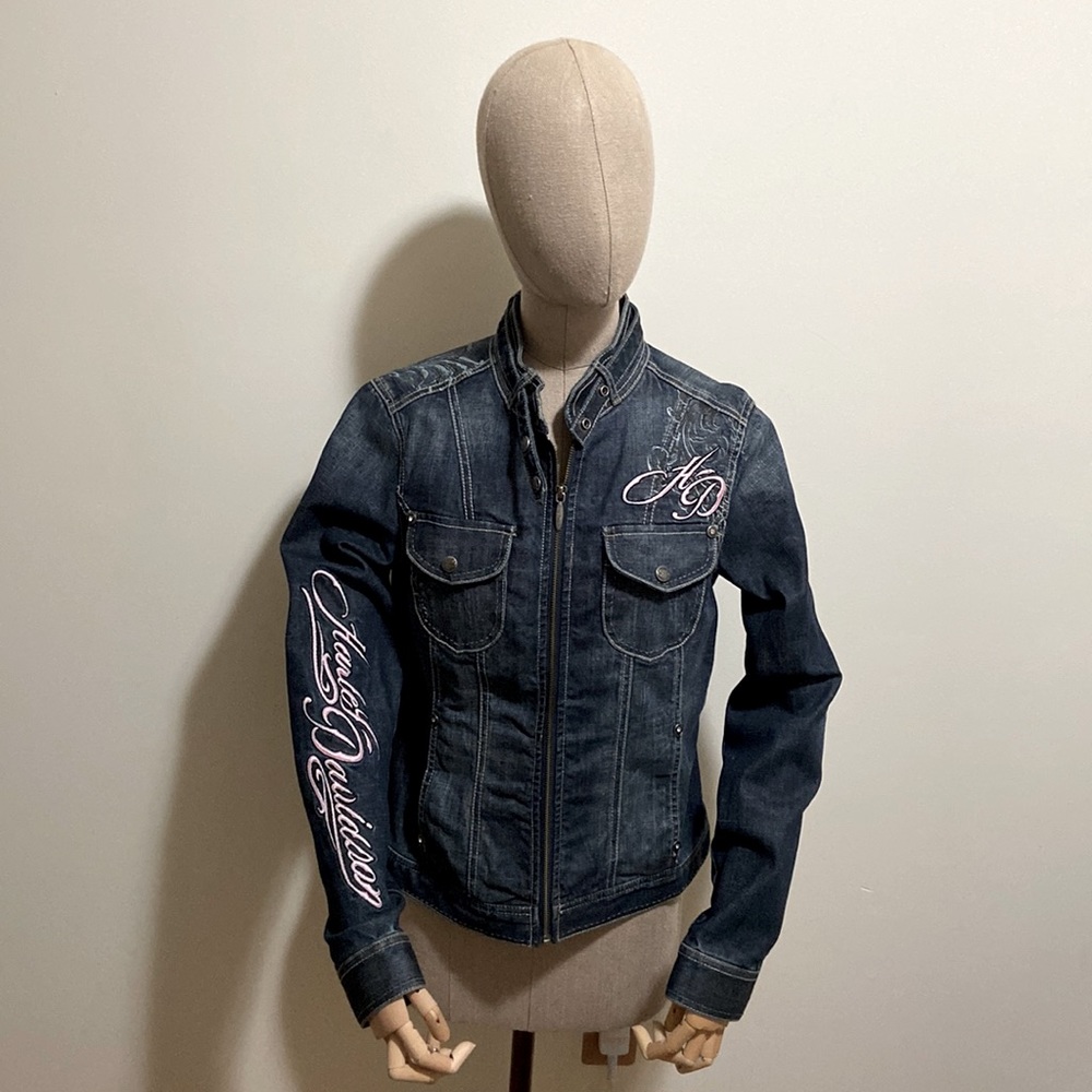 Harley Davison Medium Denim Jackets/ Pink Embroidery and crystal studs